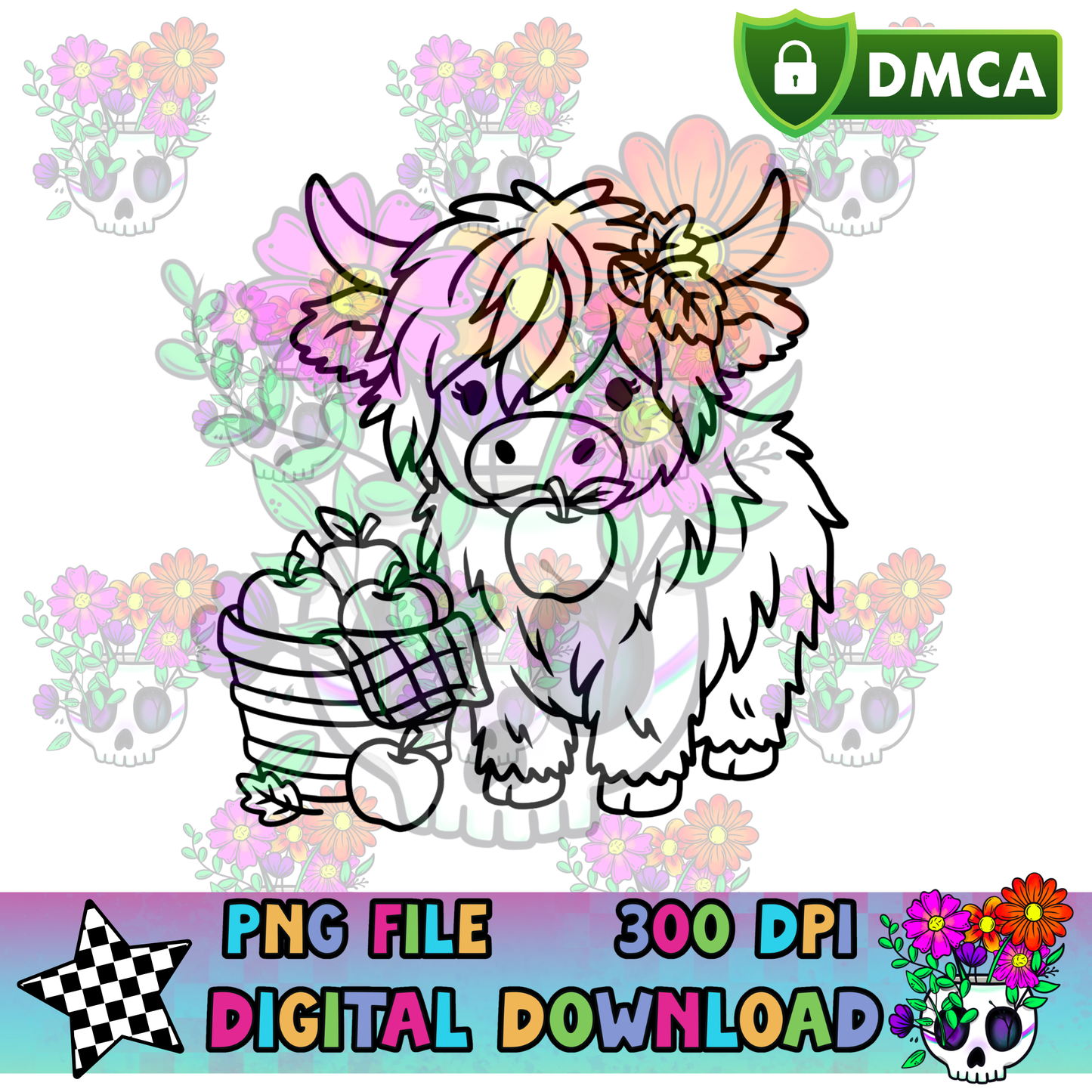 Apple Basket Highland Cow - PNG