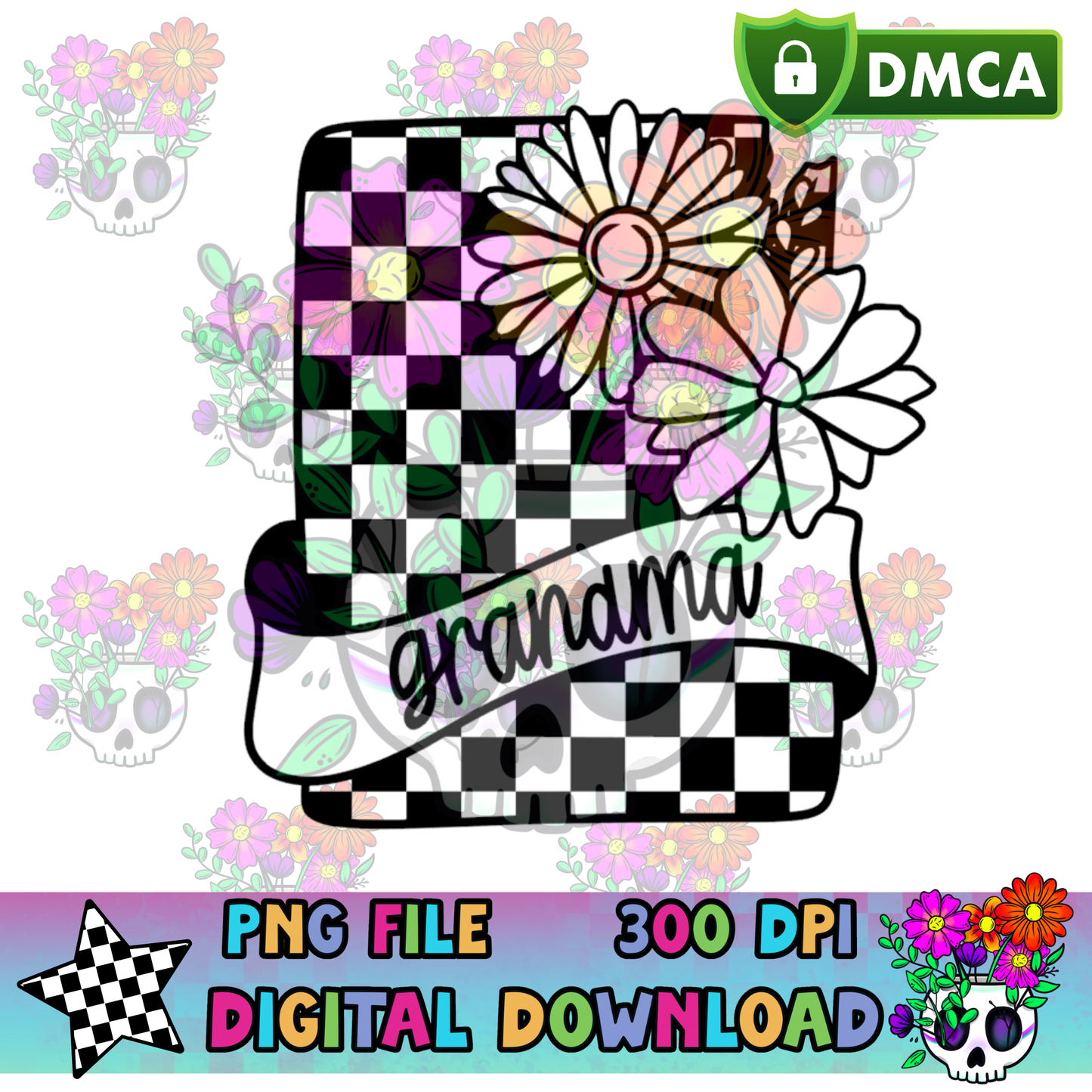 Floral Checkered Card Grandma - PNG