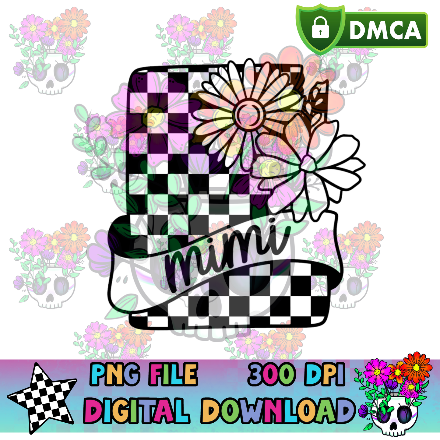 Floral Checkered Card Mimi - PNG