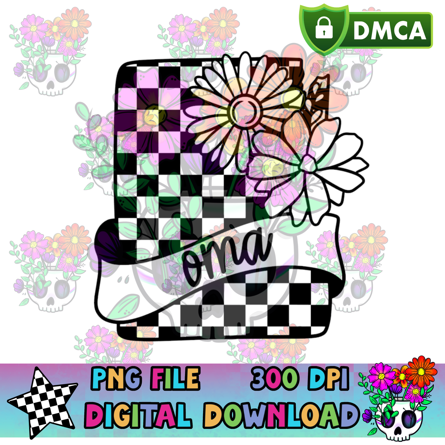 Floral Checkered Card Oma - PNG
