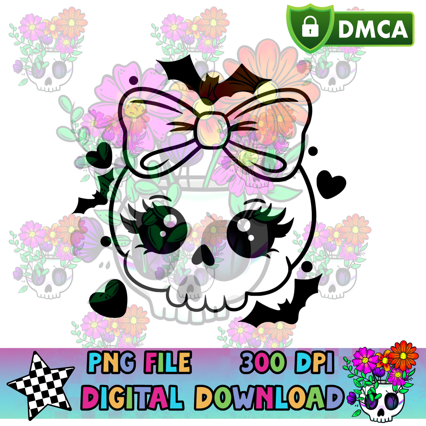 Skellie Girl Hearts Bow - PNG