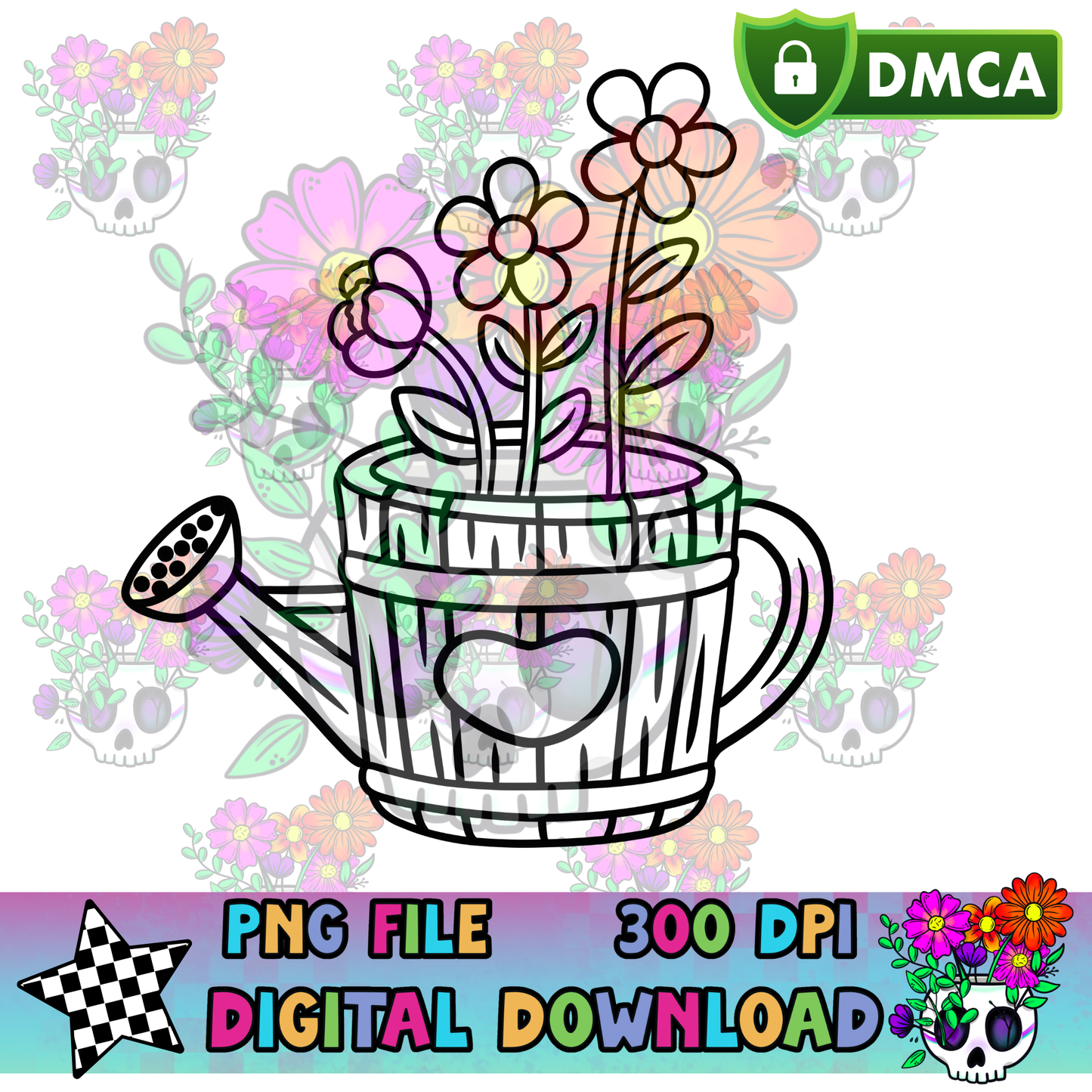 Watering Can with Flowers - PNG