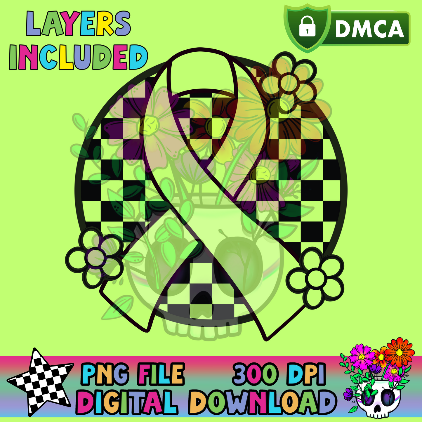 Checkered Awareness Ribbon+Daisies - PNG