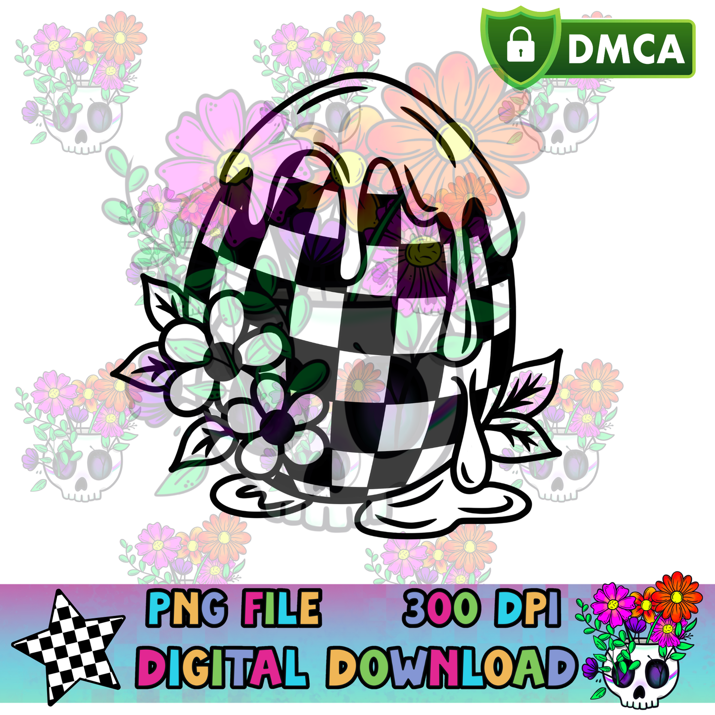 Checkered Egg+Flowers - PNG