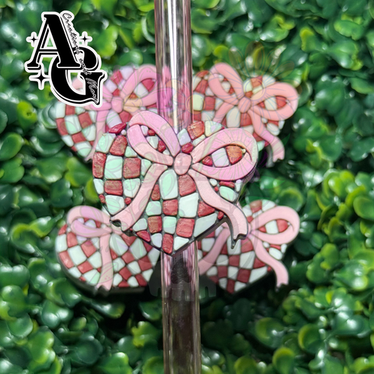 Checkered Heart with Bow Straw Topper