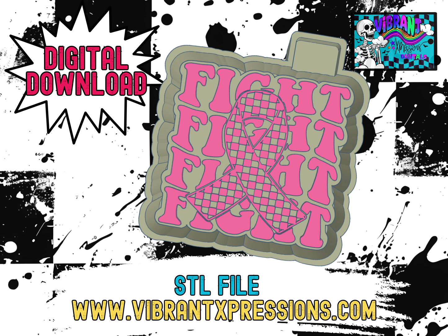 Breast Cancer FIGHT w Checkered Ribbon Mold Maker STL File