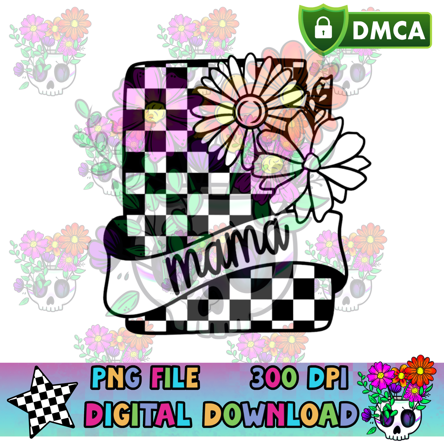 Floral Checkered Card Mama - PNG