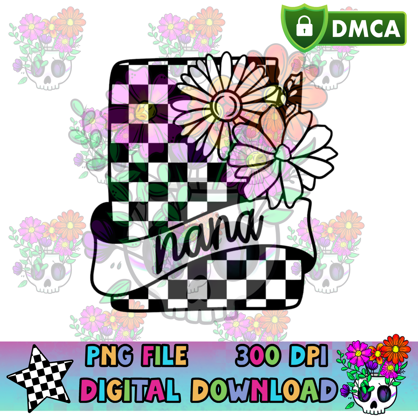 Floral Checkered Card Nana - PNG