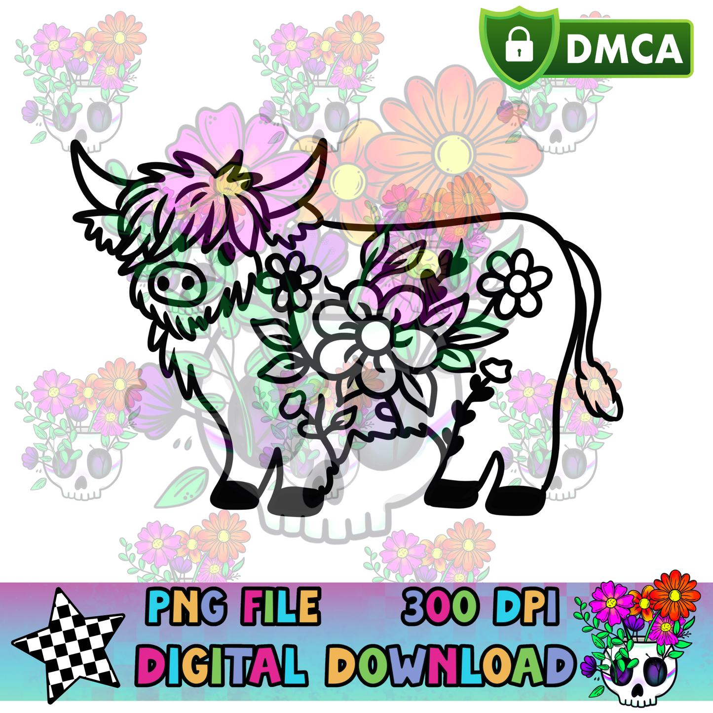 Floral Highland Cow - PNG