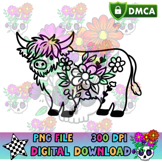 Floral Highland Cow - PNG