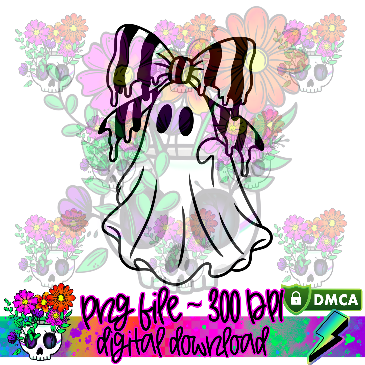 Striped Bow Ghost - PNG